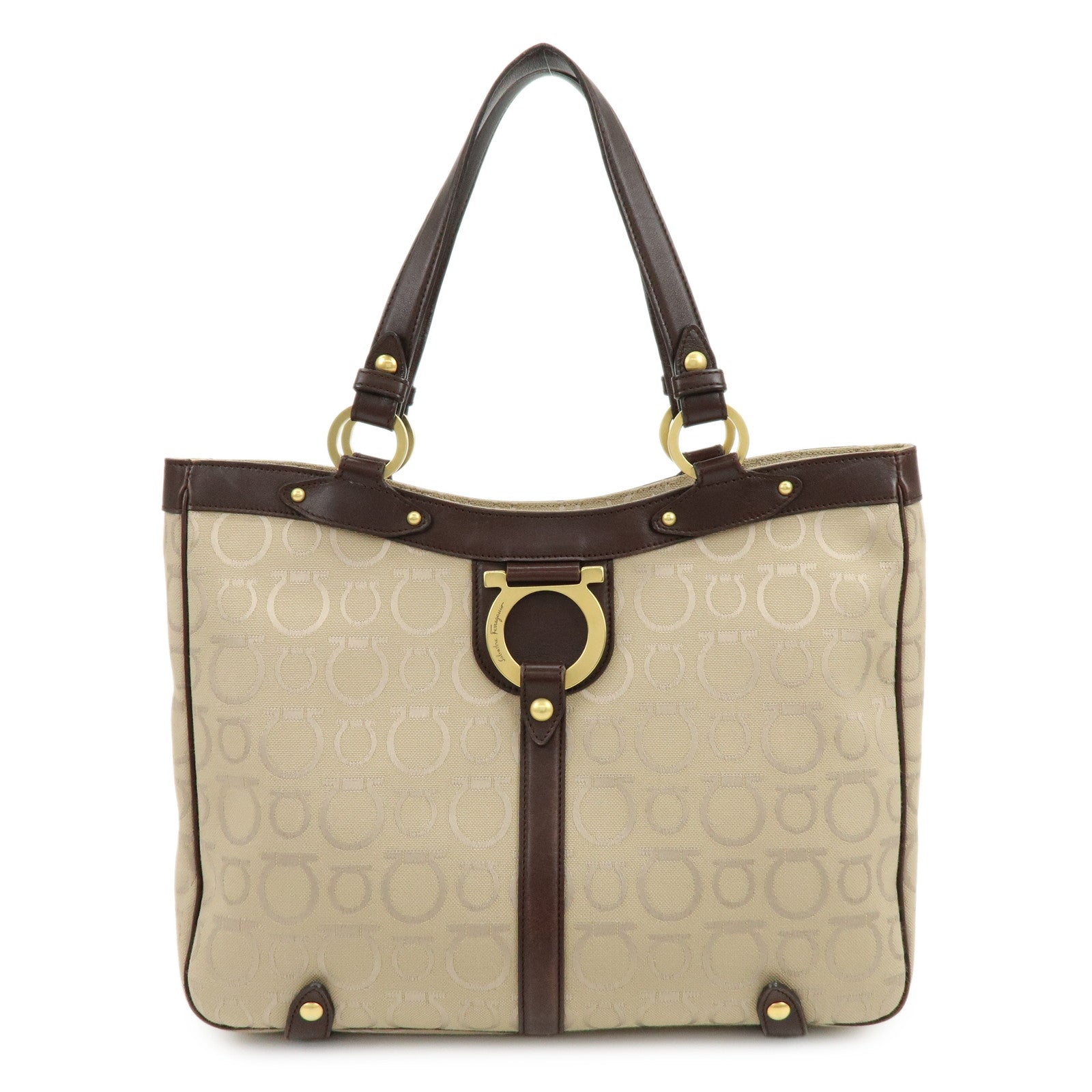 Ferragamo Gancini Canvas Leather Tote Bag Hand Bag Beige Brown