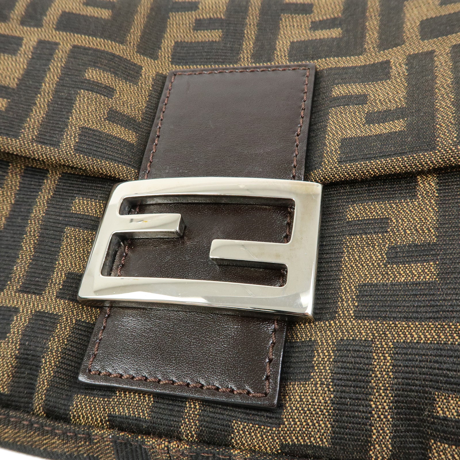 FENDI Mamma Baguette Zucca Canvas Leather Shoulder Bag Brown 26424