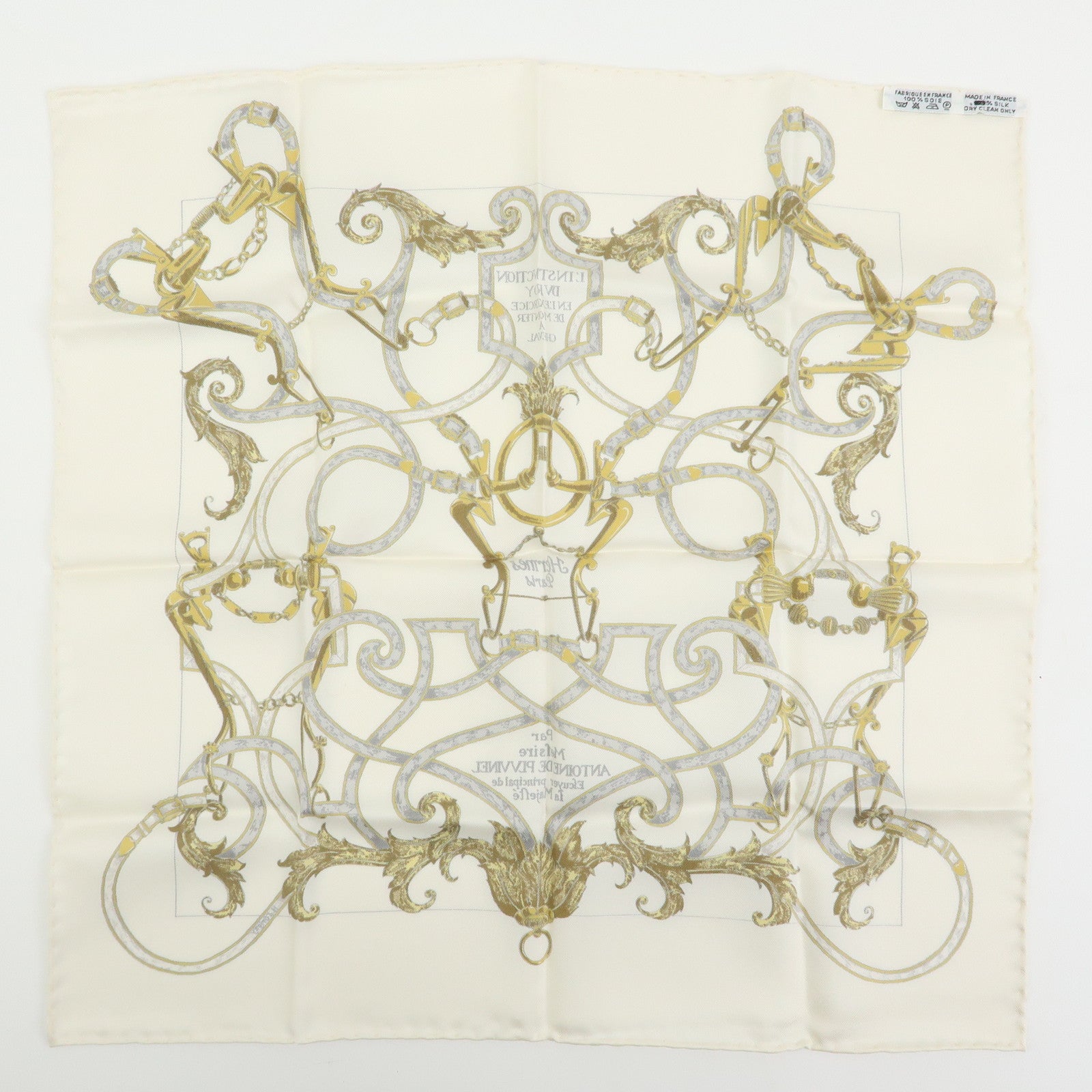 HERMES Carre 40 Silk 100% Scarf L'INSTRVCTION DV ROY White Gold Gray