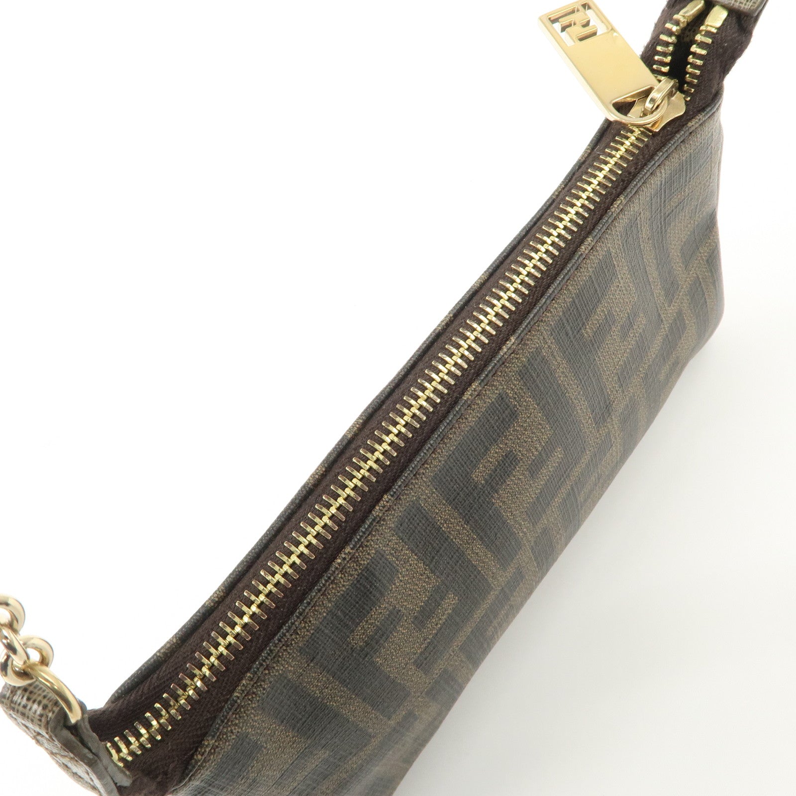 FENDI Zucca PVC Leather Chain Accessory Pouch Hand Bag Brown 8M0264 Used
