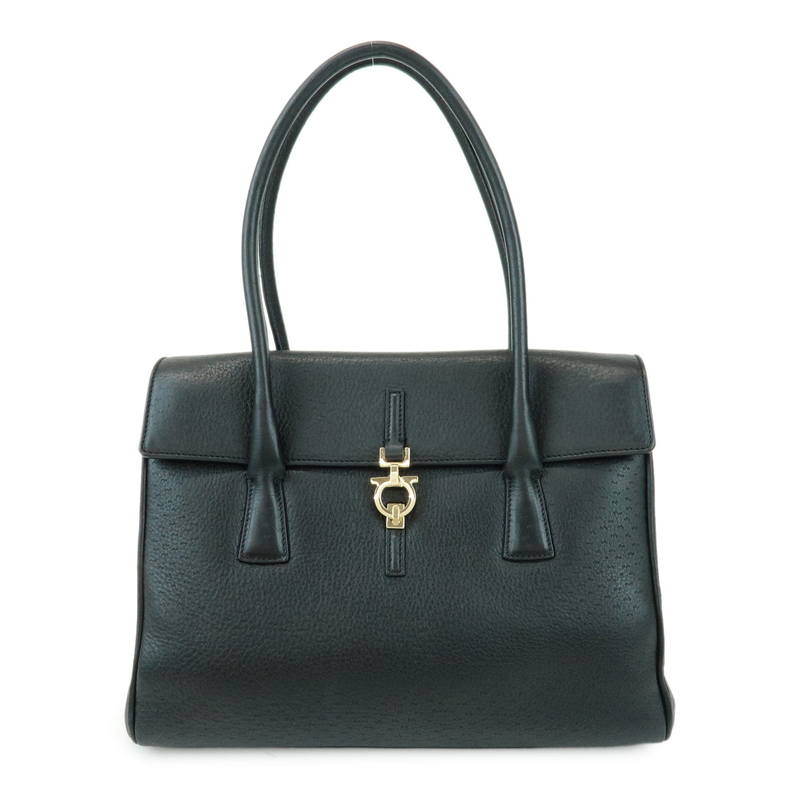 Ferragamo Gancini Leather Hand Bag Shoulder Bag Black