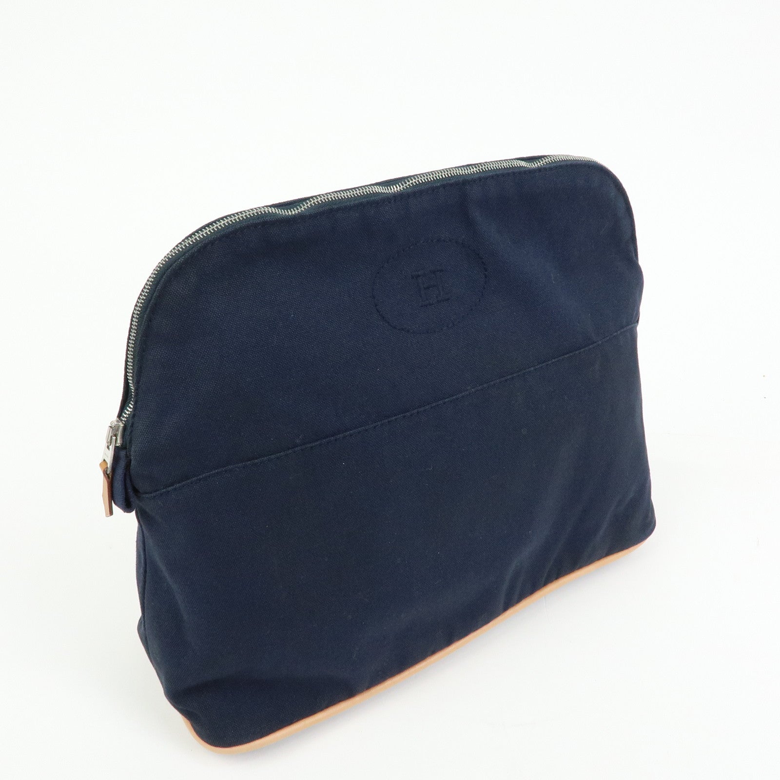 HERMES Bolide Pouch GM Cotton Leather Cosmetic Pouch Navy