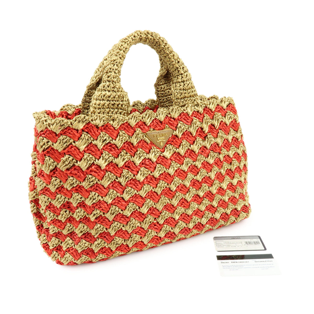 PRADA Canapa Triangle Logo Raffia Tote Bag Hand Bag Natural Red BN2303