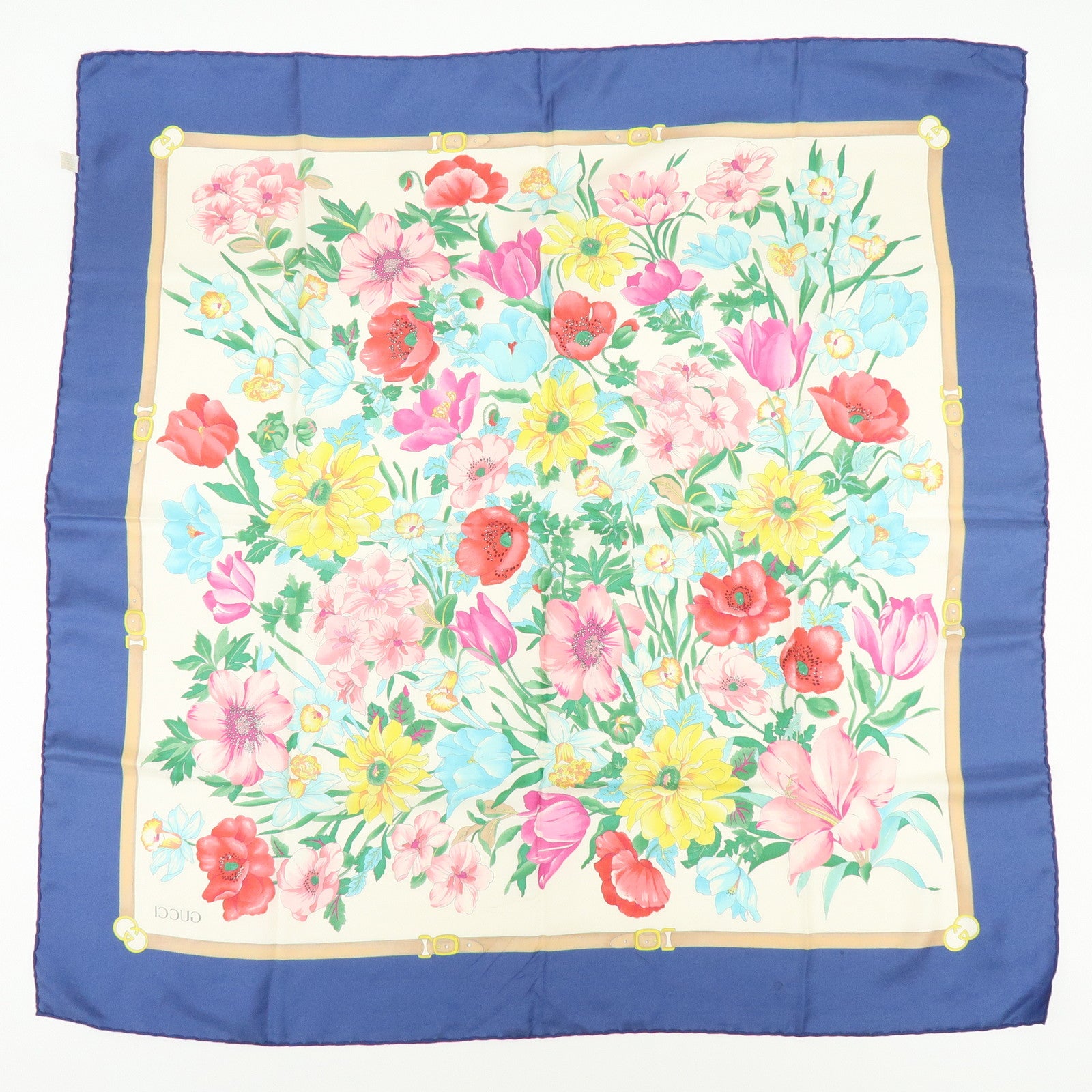 GUCCI Set of 2 Silk 100% Scarf Flower Mushroom Motif Green Navy