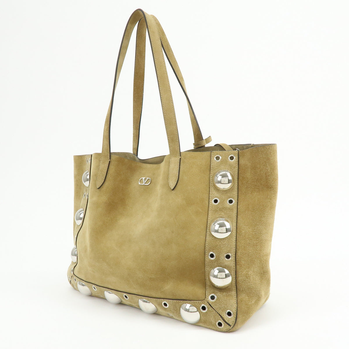 VALENTINO Suede Nellcote Tote Bag Shoulder Bag Beige Silver