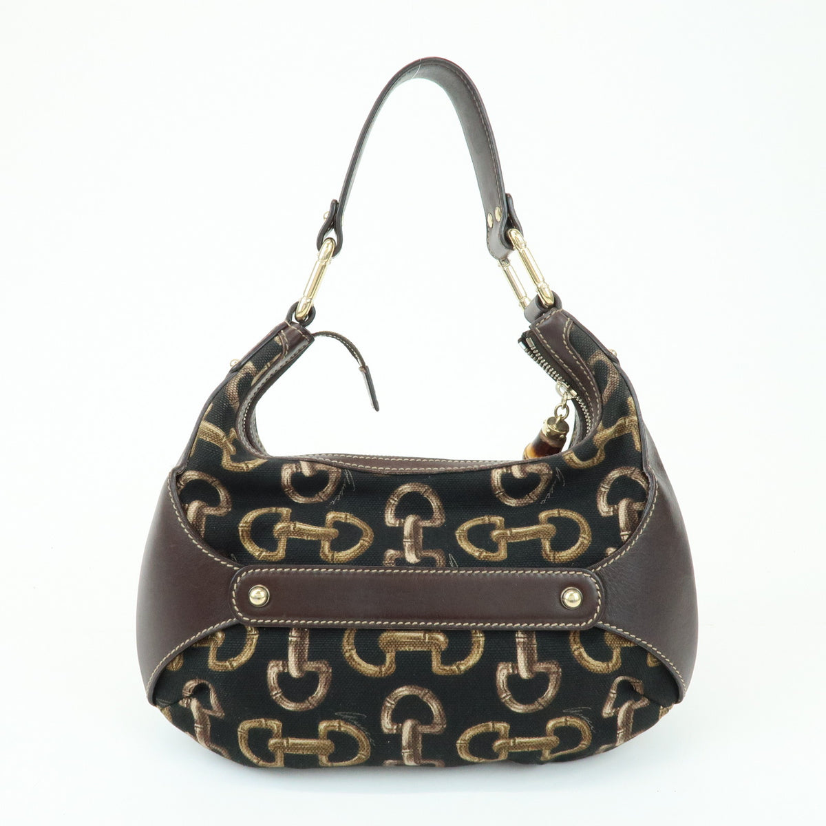 GUCCI Bamboo Horsebit Canvas Leather Shoulder Bag Dark Brown 154378