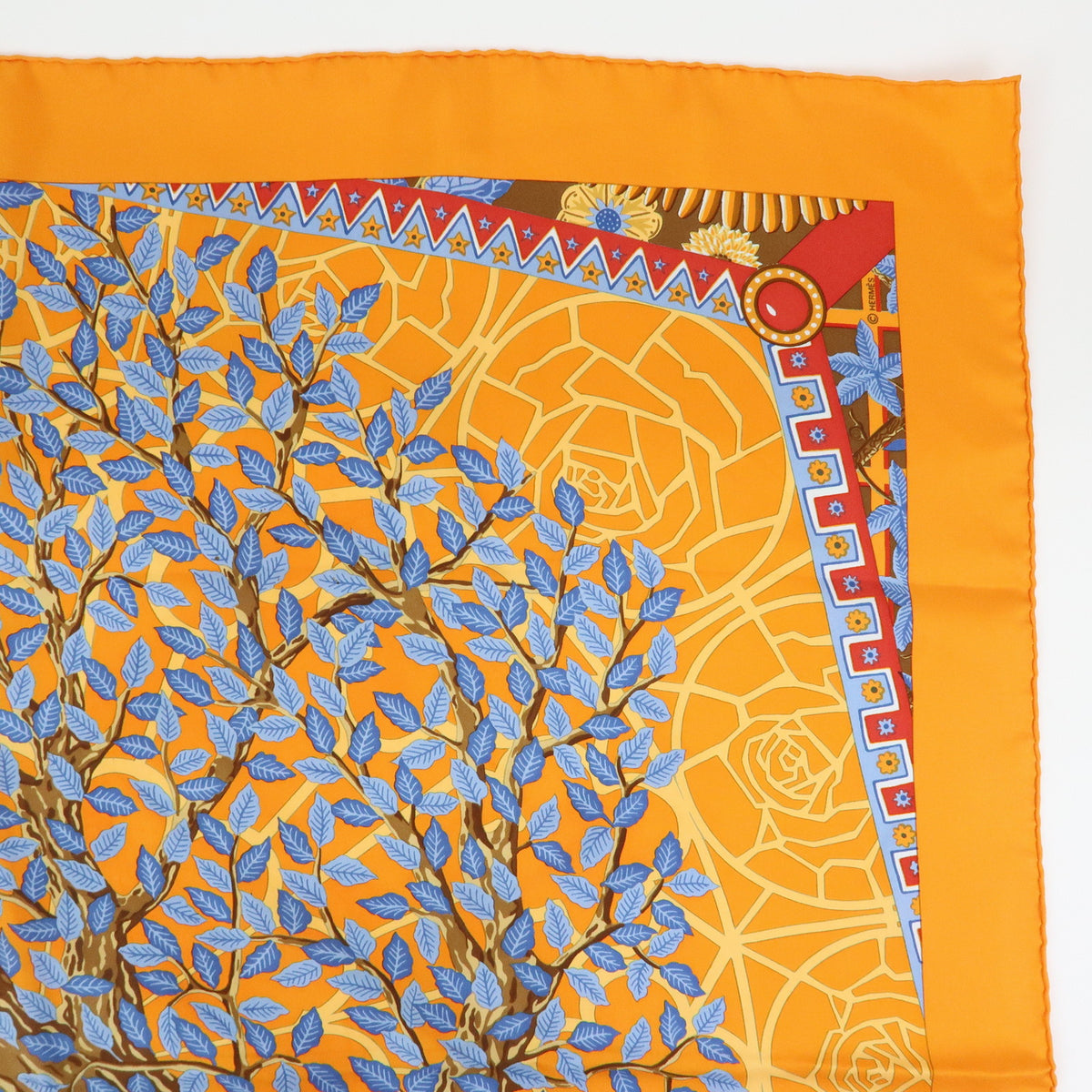 HERMES Carre 90 Silk 100% Scarf AXIS MUNDI Orange Blue Brown