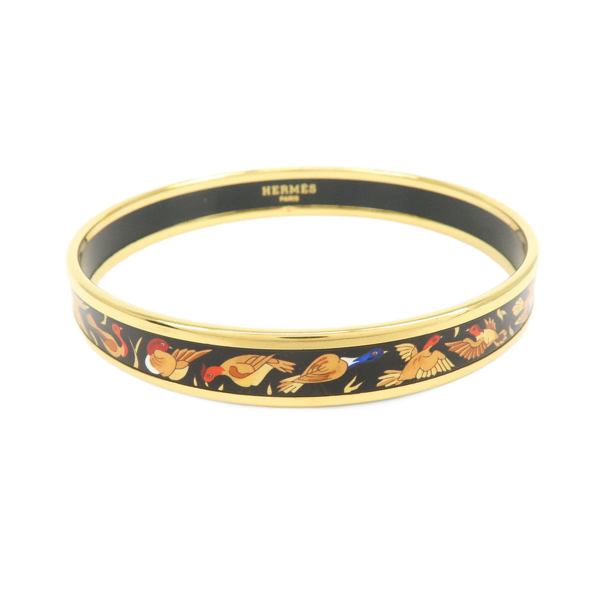 HERMES Email PM Metal Bracelet Bangle Birds Motif Black Gold