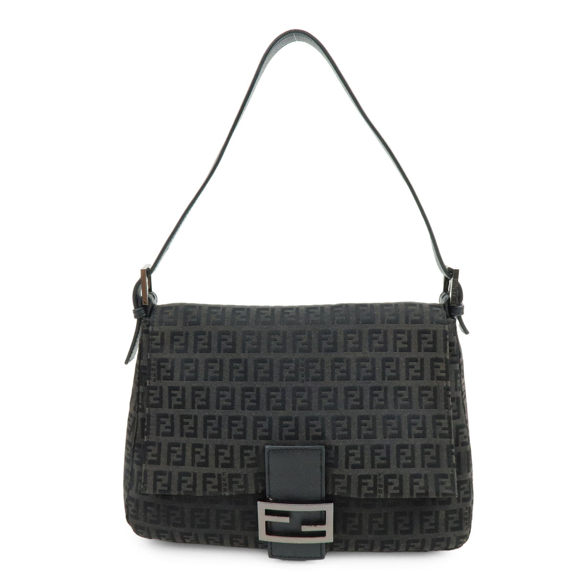 FENDI Mamma Baguette Zucchino Canvas Leather Shoulder Bag Black 8BR001