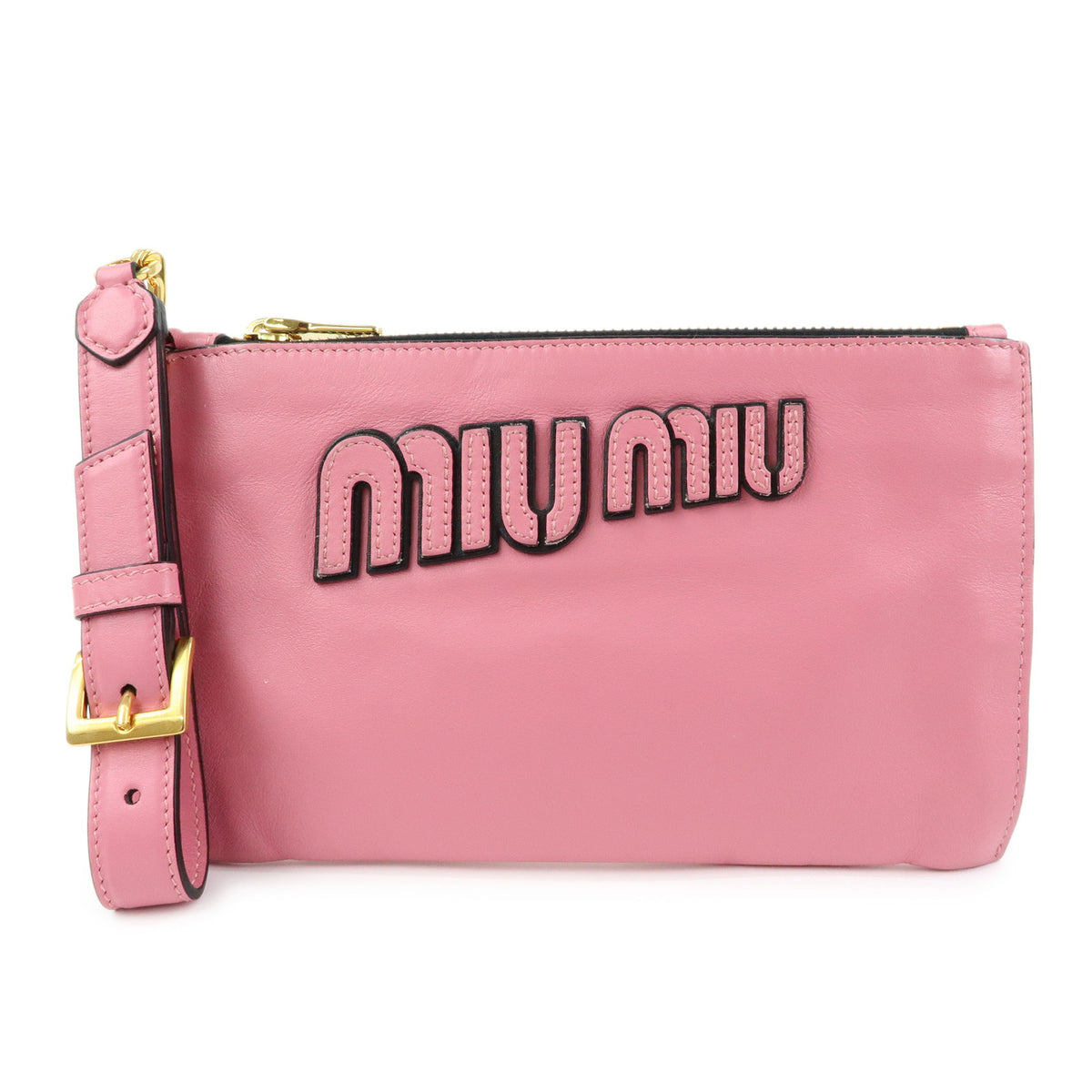 MIU MIU Logo Soft Calf Leather Clutch Bag Flat Pouch Pink 5N1890