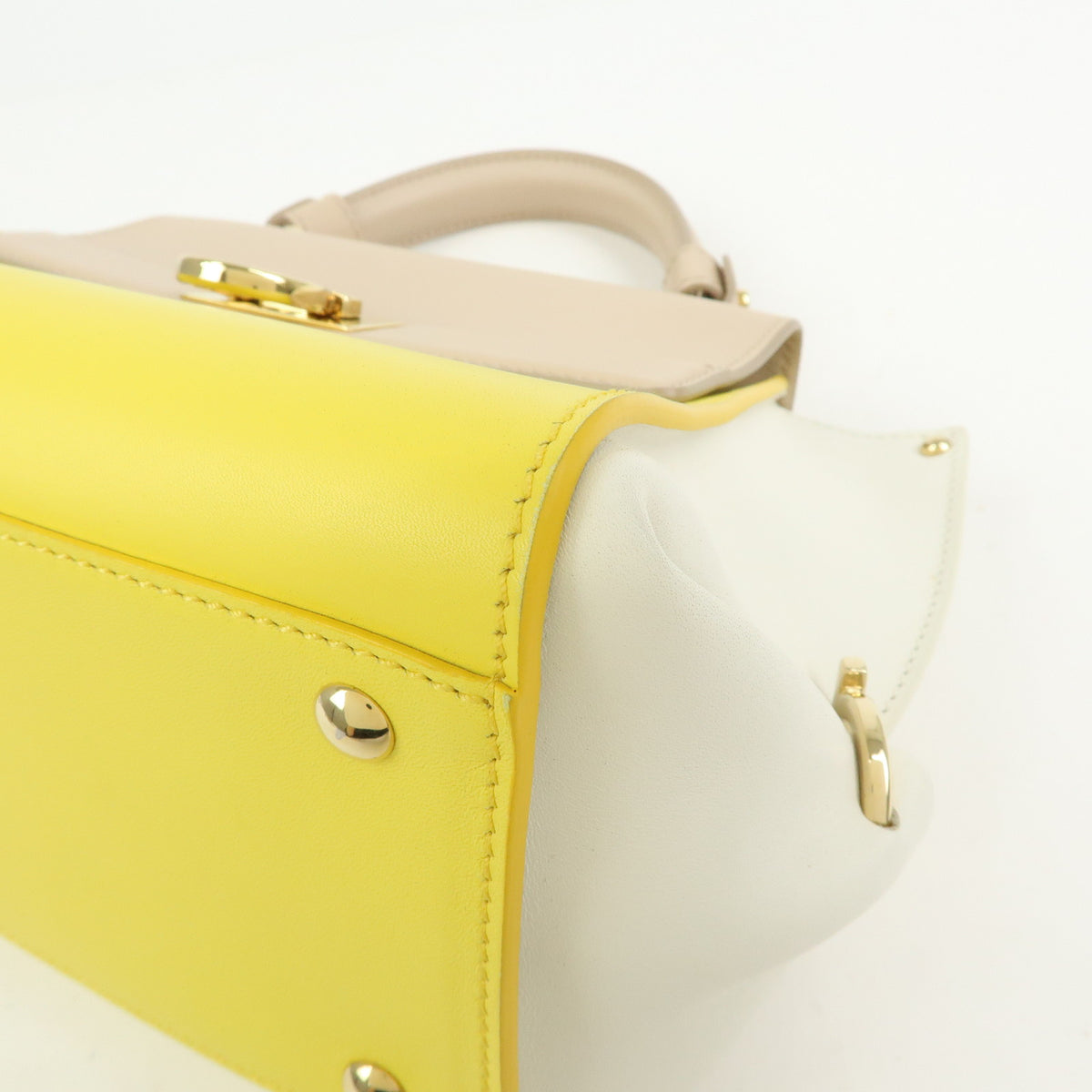 Ferragamo Gantini Leather 2Way Hand Bag Shoulder Bag Yellow Beige White