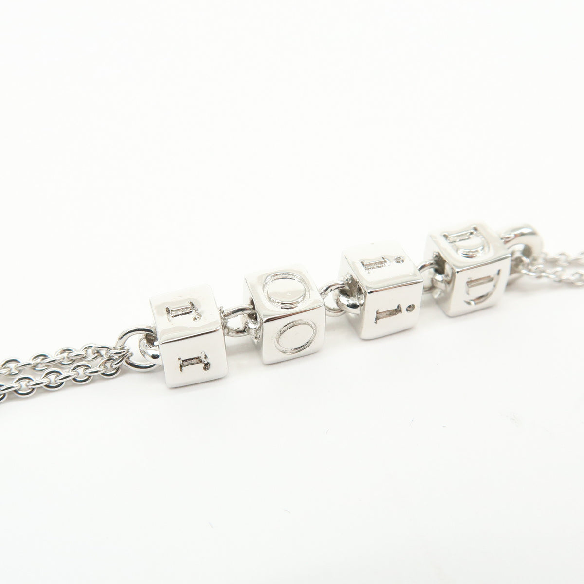 Christian Dior Metal Rhinestone Logo Cube Necklace Silver