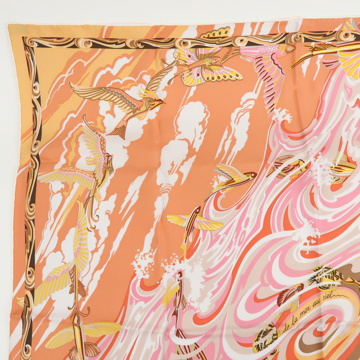 HERMES Carre 90 Silk 100% Scarf De la Mer au Ciel Orange