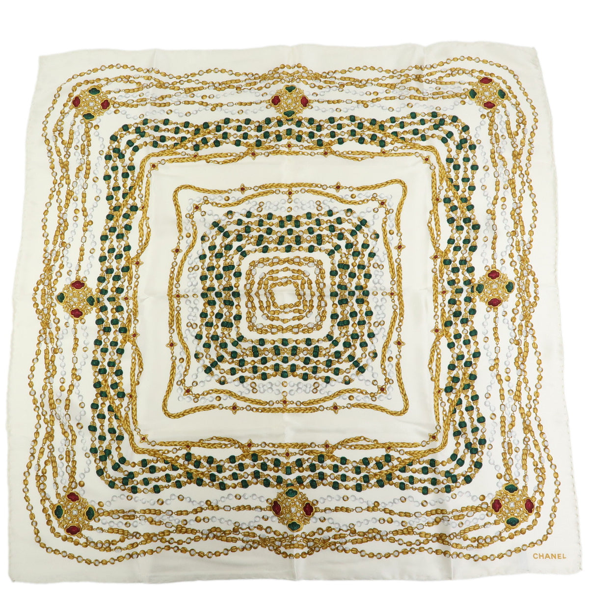 CHANEL Silk 100% Scarf Chain Print White Yellow