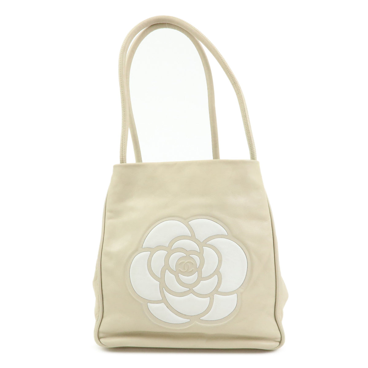 CHANEL Logo Camellia Leather Tote Bag Shoulder Bag Beige A20856