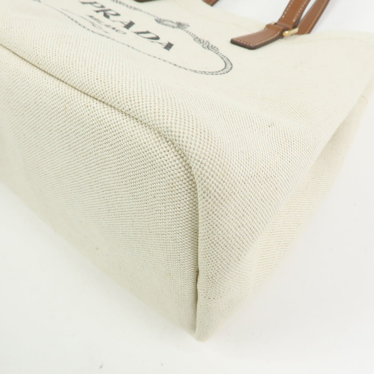PRADA Logo Linen Leather Tote Bag Shoulder Bag Natural Brown 1BG356