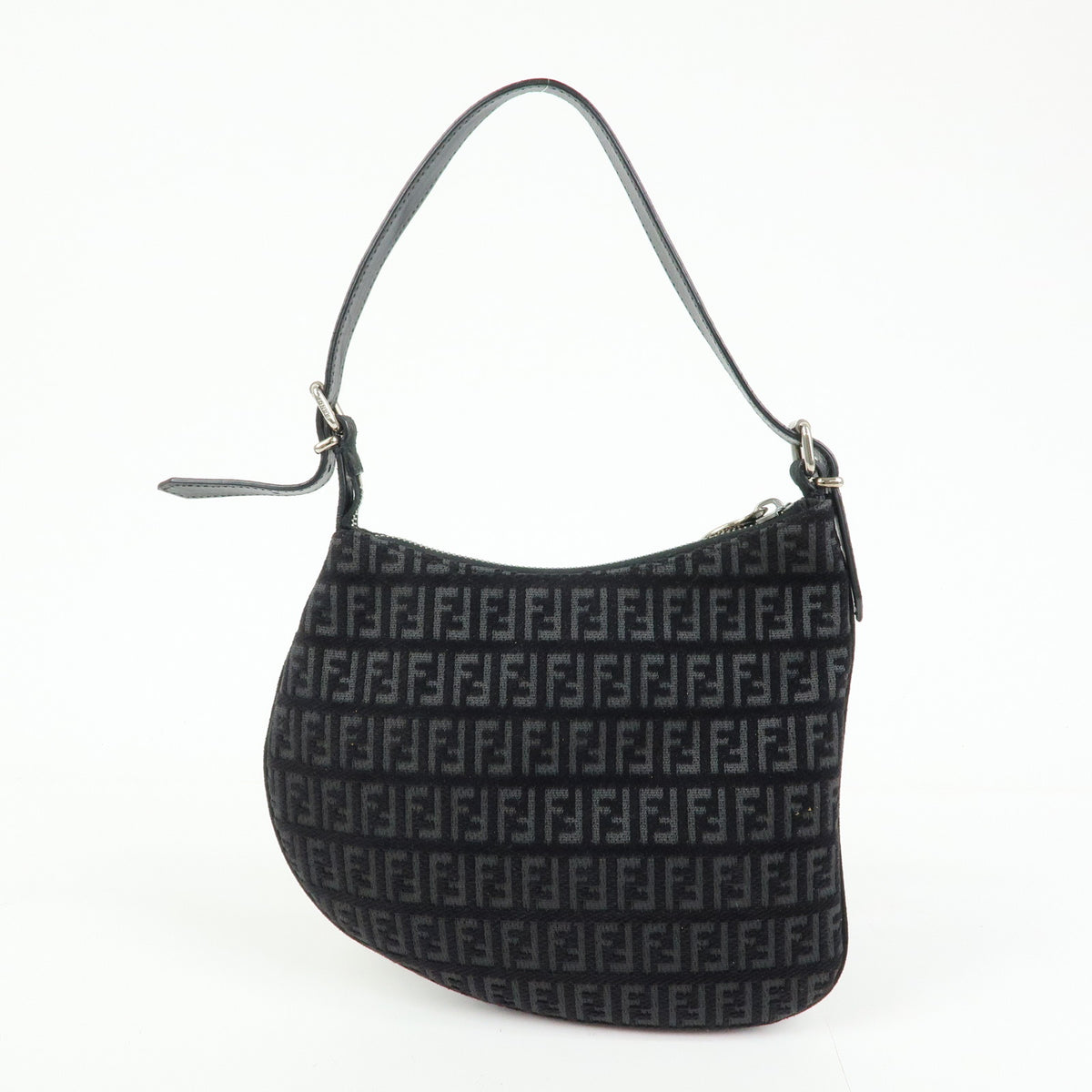 FENDI Zucchino Canvas Leather Shoulder Bag Hand Bag Black 8BR248