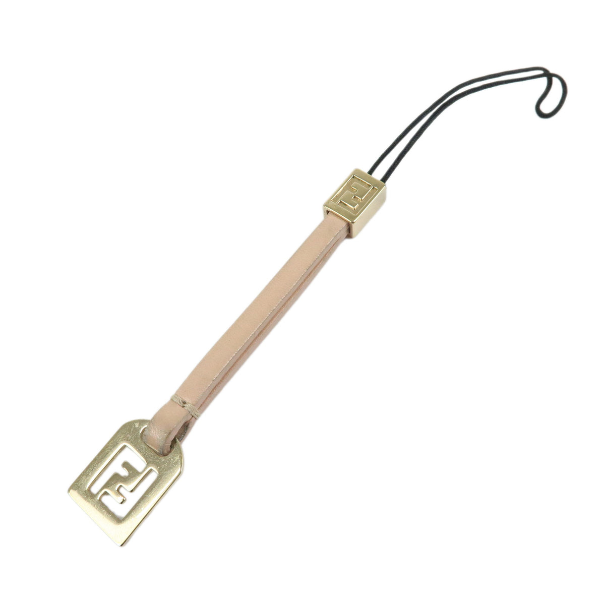 FENDI Logo Leather Metal Phone Strap Charm Bag Charm Beige Gold