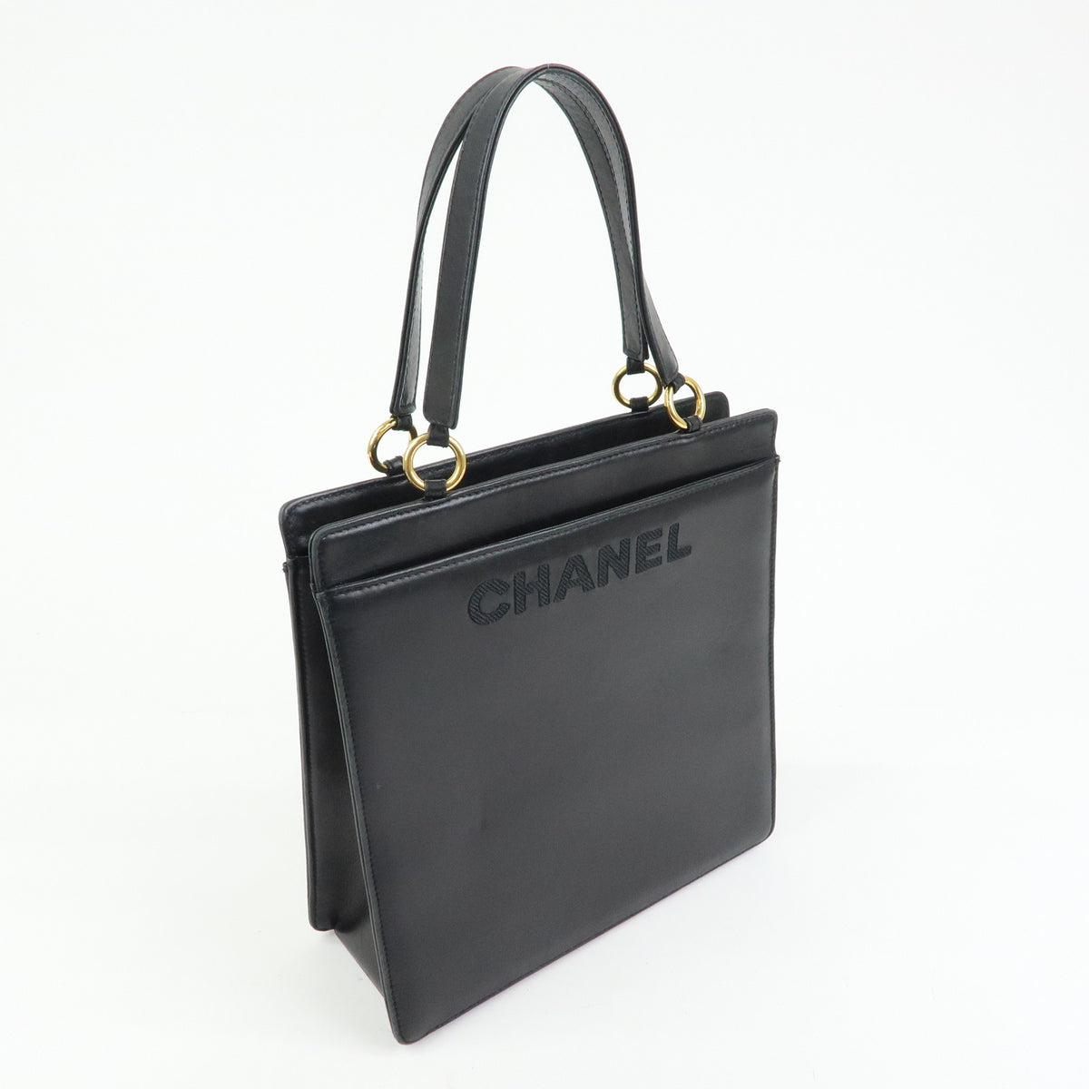 CHANEL Logo Lamb Skin Tote Bag Hand Bag Black