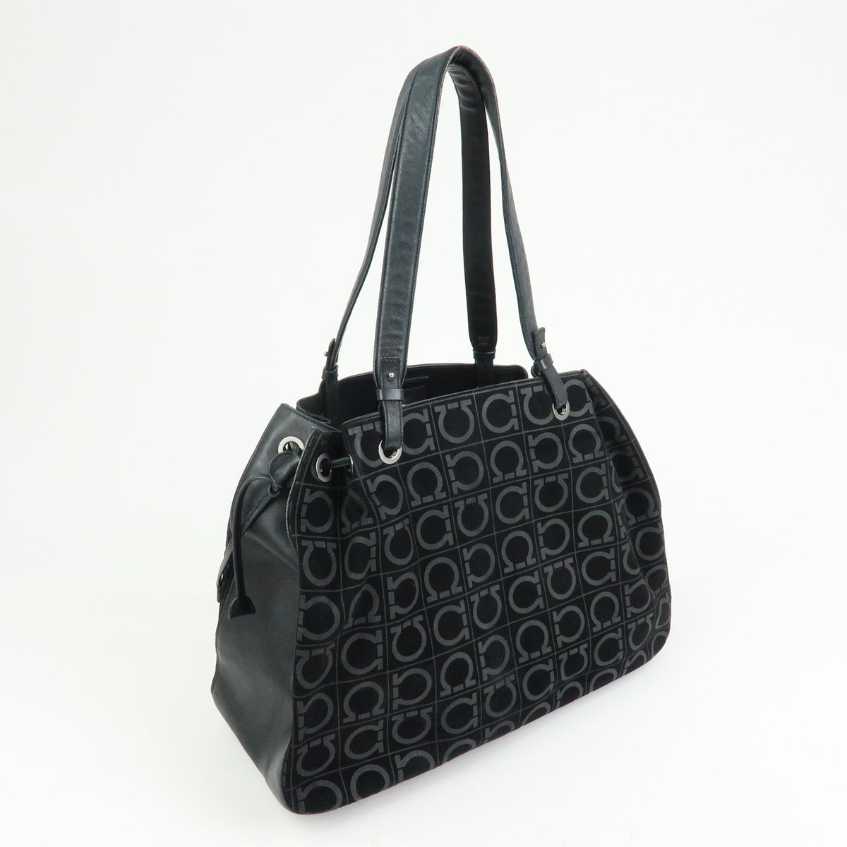 Ferragamo Gancini Suede Leather Shoulder Bag Tote Bag Black