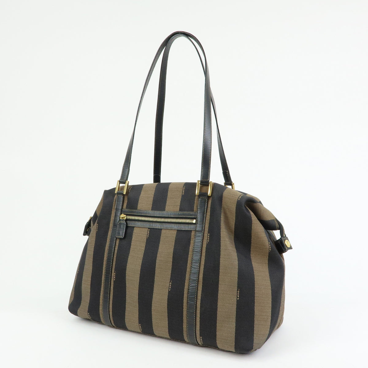 FENDI Pequin Jacquard Canvas Leather Tote Bag Brown Black 26323