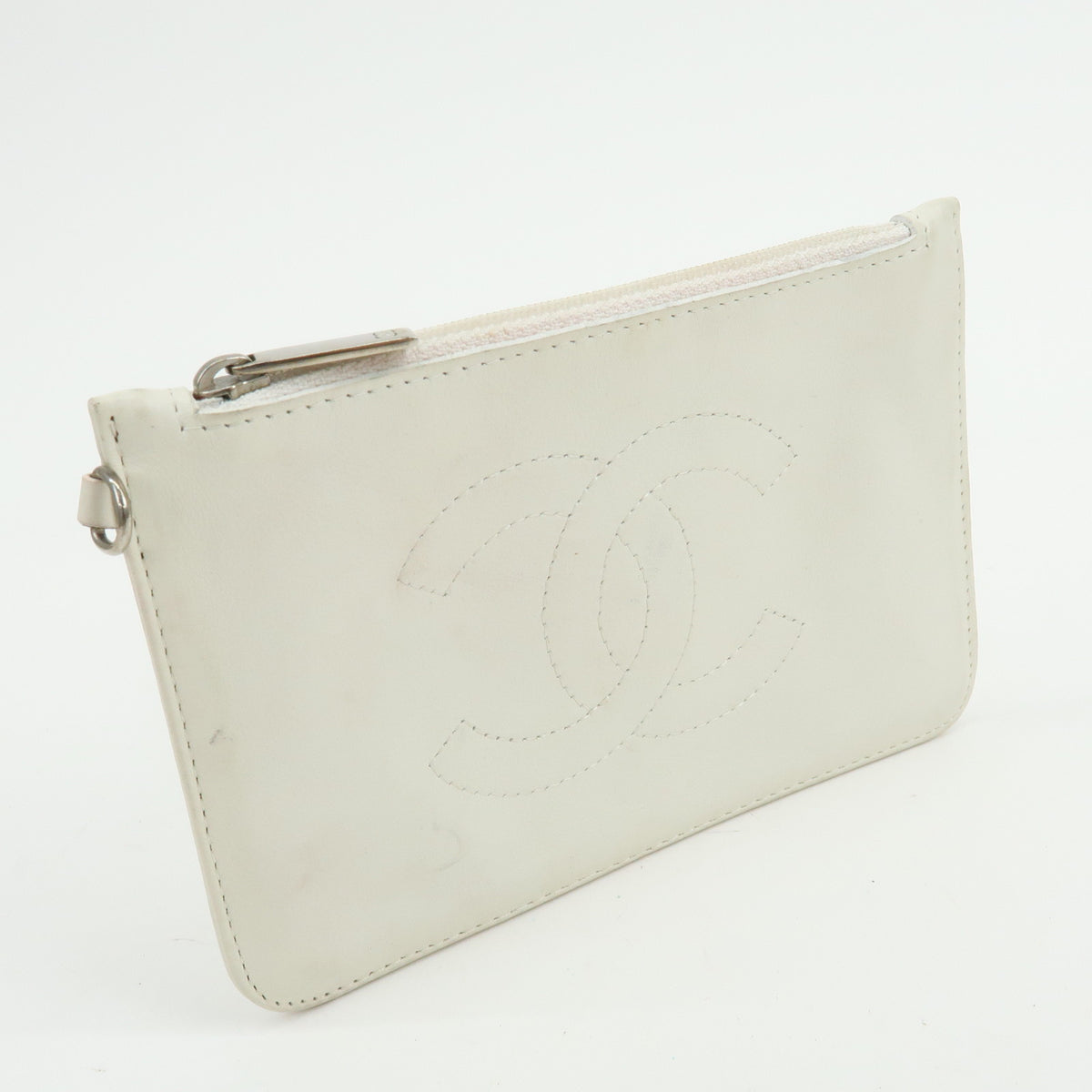 CHANEL COCO Mark Leather Cosmetic Pouch Flat Pouch White