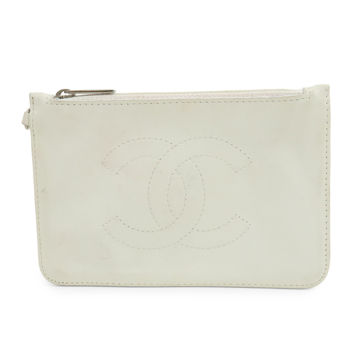 CHANEL COCO Mark Leather Cosmetic Pouch Flat Pouch White