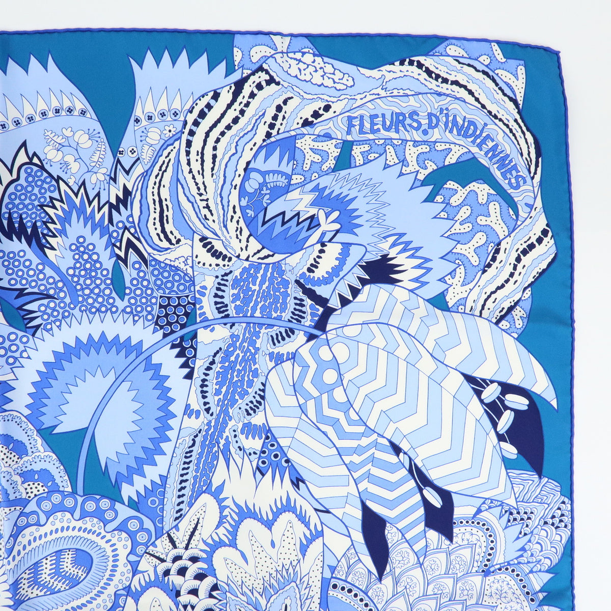 HERMES Carre 90 Silk Scarf 100% FLEURS DINDIENNES Blue White