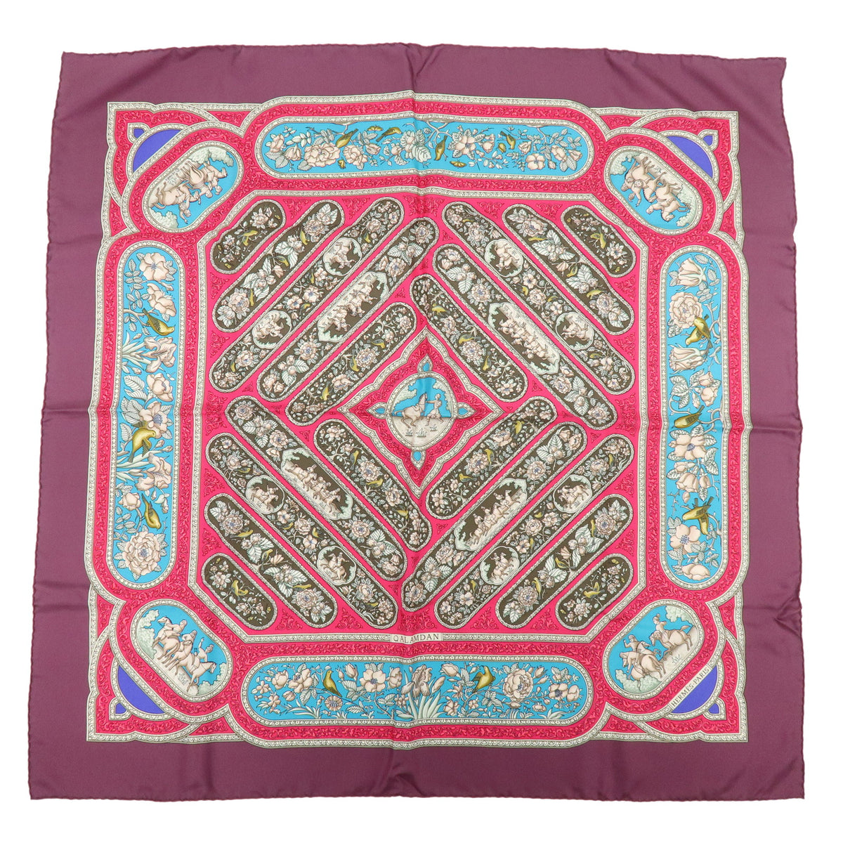 HERMES Carre 90 Silk 100% Scarf QALAMDAN Purple Brown Blue