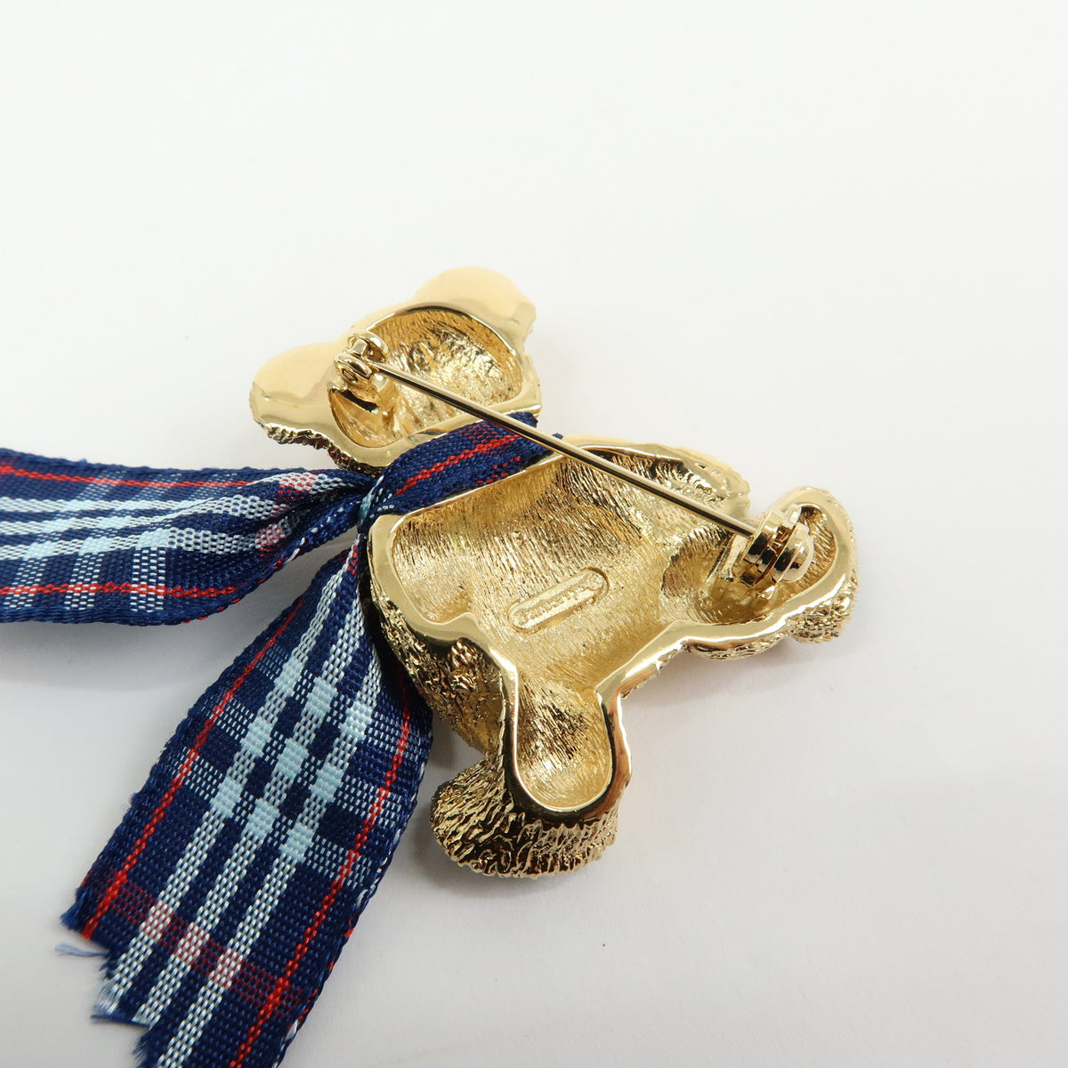 BURBERRY Teddy Bear With Plaid Ribbon Metal Pin Brooch Gold