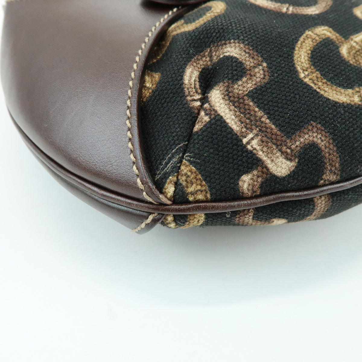 GUCCI Bamboo Horsebit Canvas Leather Shoulder Bag Dark Brown 154378