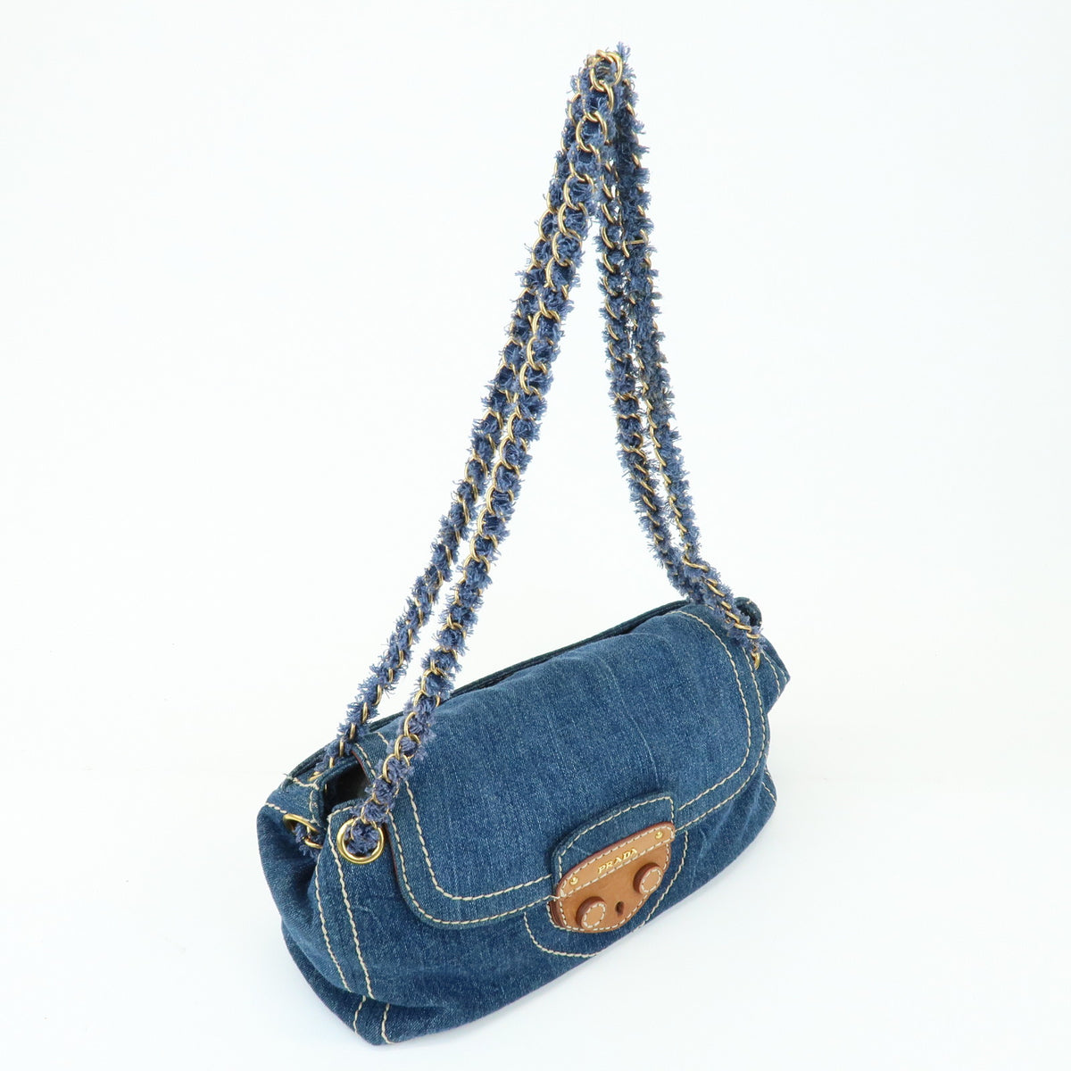 PRADA Front Flap Denim Leather Chain Shoulder Bag Blue Camel BR4659