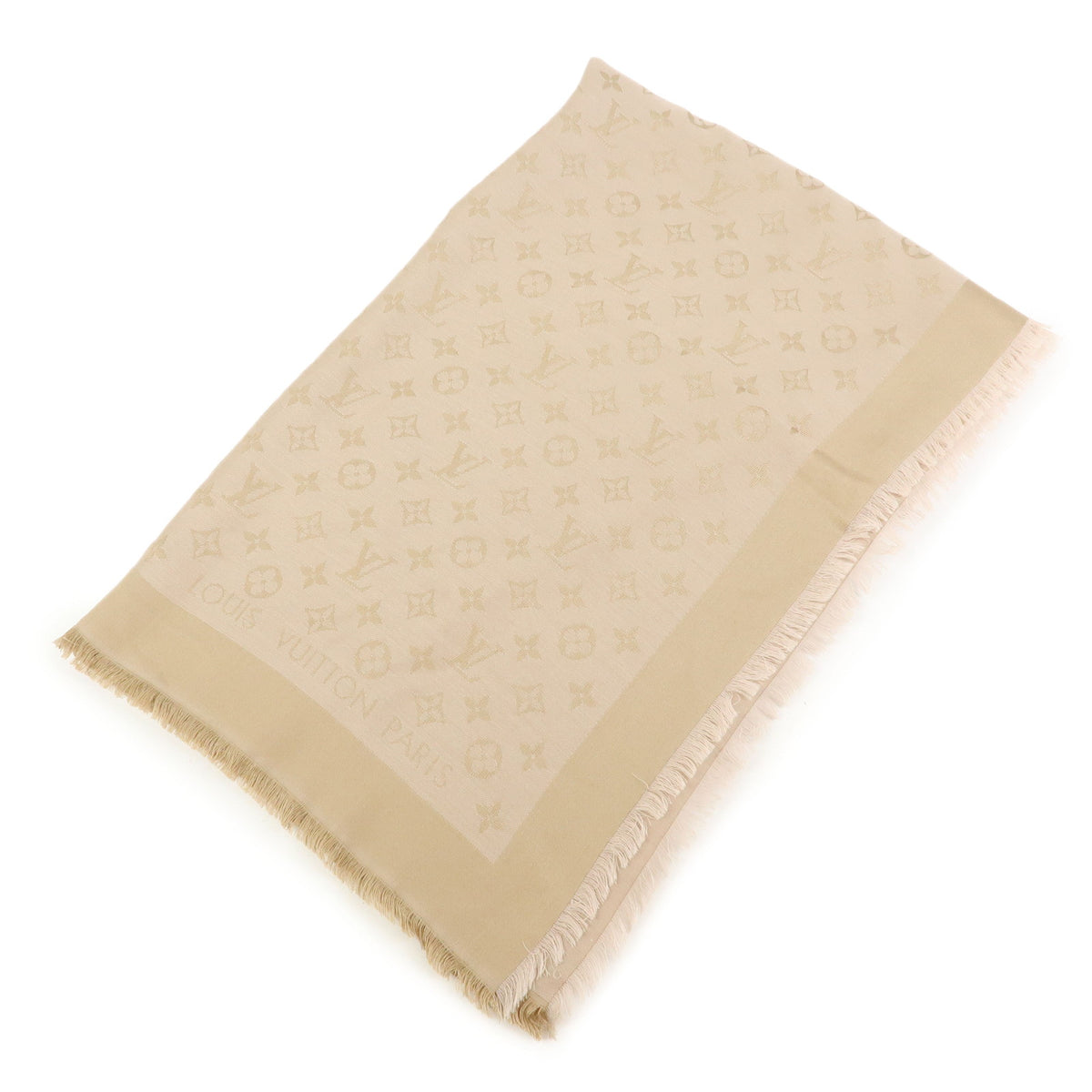 Louis Vuitton Monogram Shine Silk Wool Scarf Shawl Fringe Greige M75121
