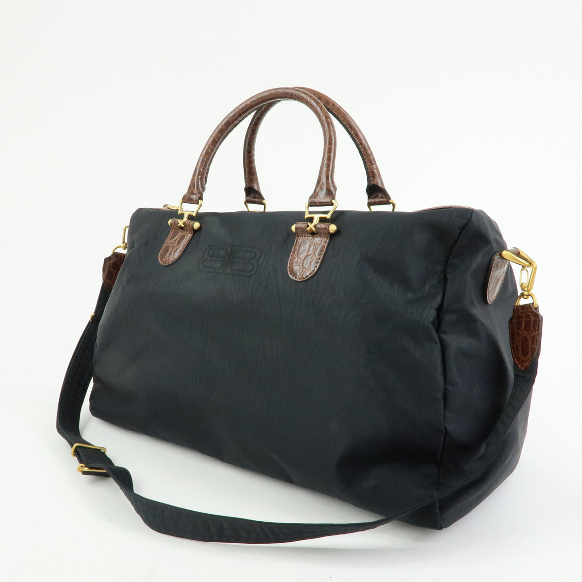 BALENCIAGA Nylon Embossed Leather Boston Bag Black Brown