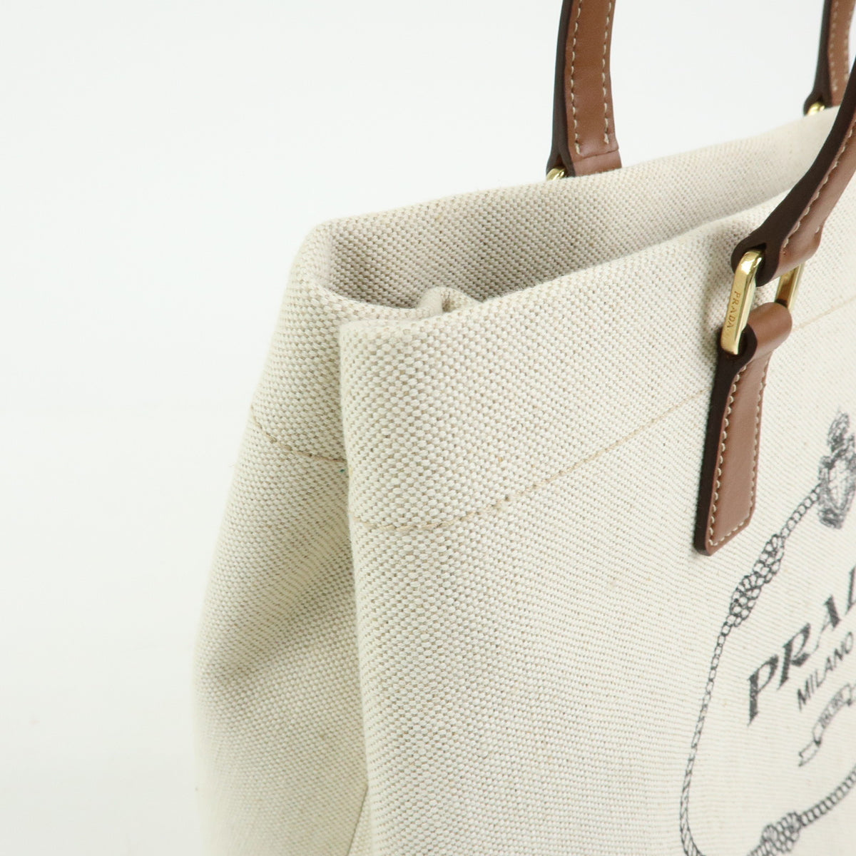 PRADA Logo Linen Leather Tote Bag Shoulder Bag Natural Brown 1BG356