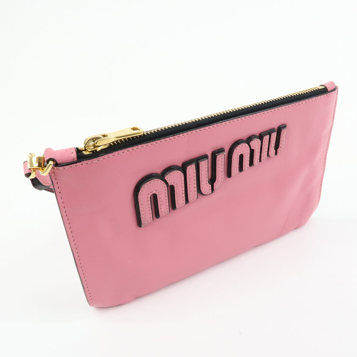 MIU MIU Logo Soft Calf Leather Clutch Bag Flat Pouch Pink 5N1890