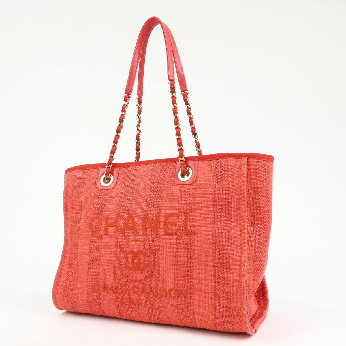 CHANEL Deauville MM Straw Canvas Leather Tote Shoulder Bag Red A67001