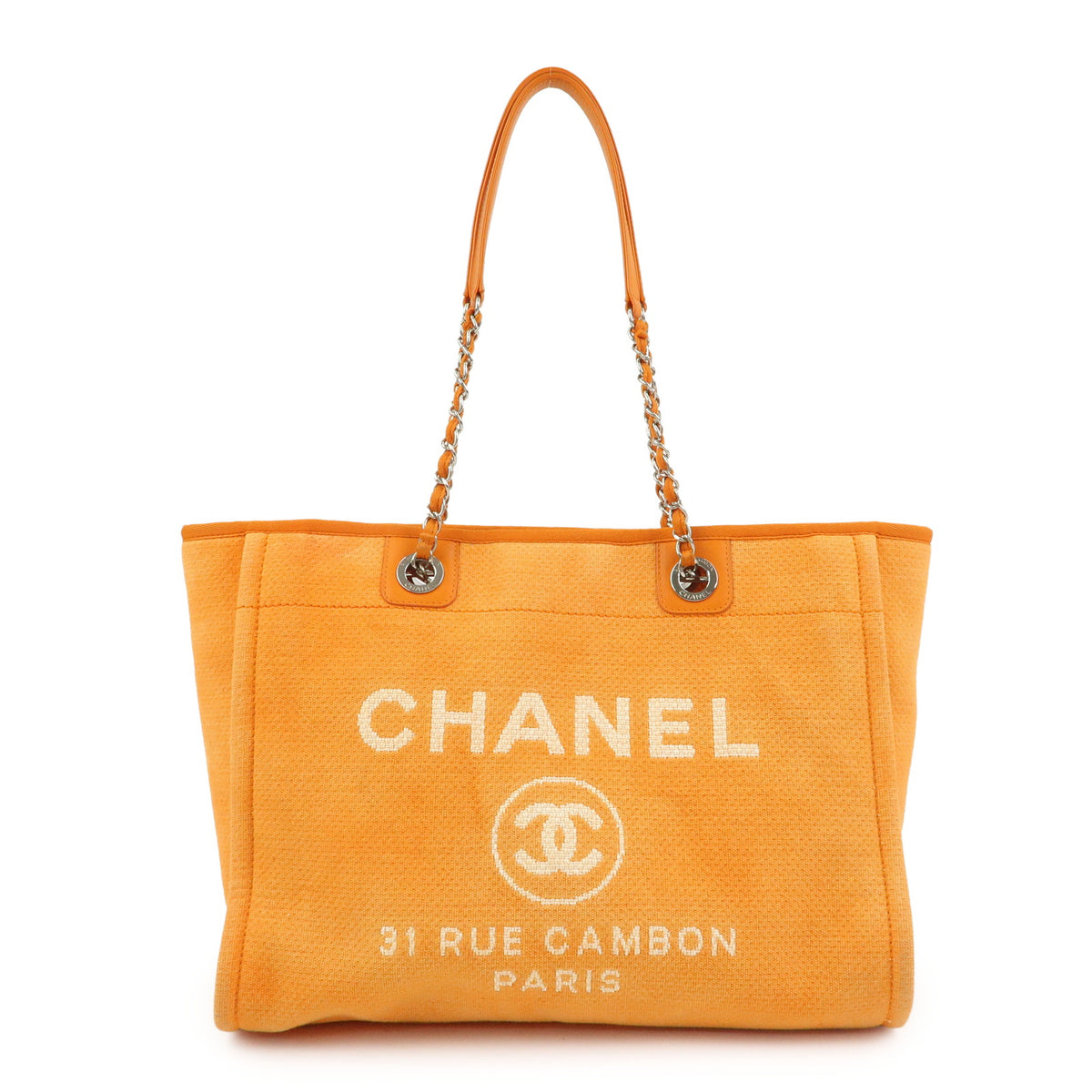 CHANEL Deauville MM Straw Leather Tote Bag Shoulder Bag Orange A67001