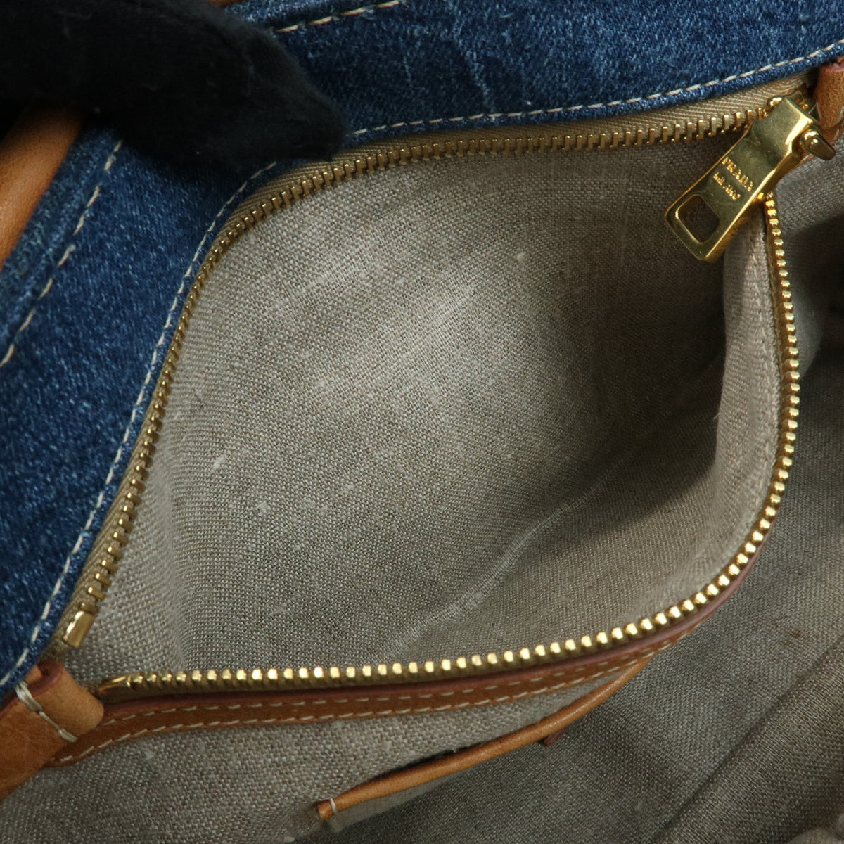 PRADA Front Flap Denim Leather Chain Shoulder Bag Blue Camel BR4659