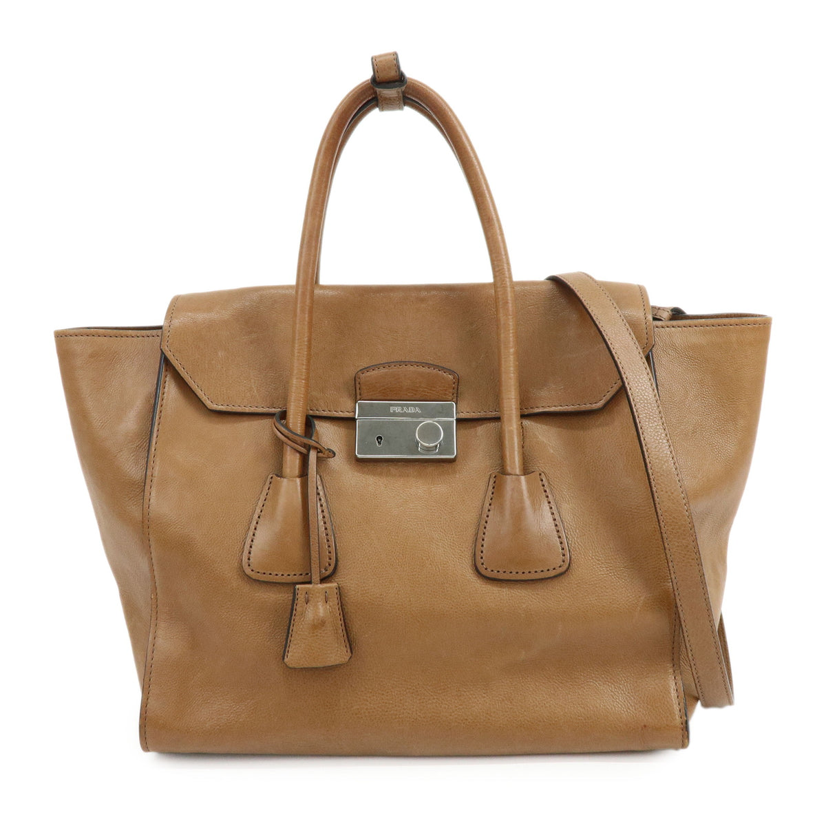 PRADA Triangle Logo Leather 2Way Bag Hand Bag Shoulder Bag Brown BN2661