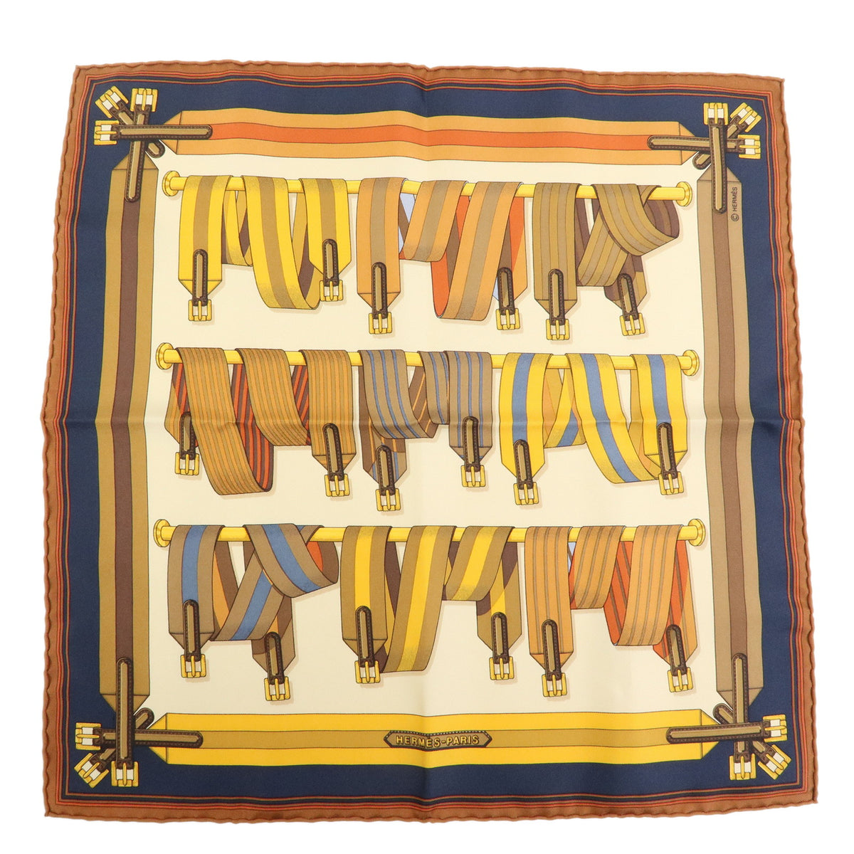 HERMES Carre 42 Silk 100% Scarf LES SANGLES Orange Brown Yellow