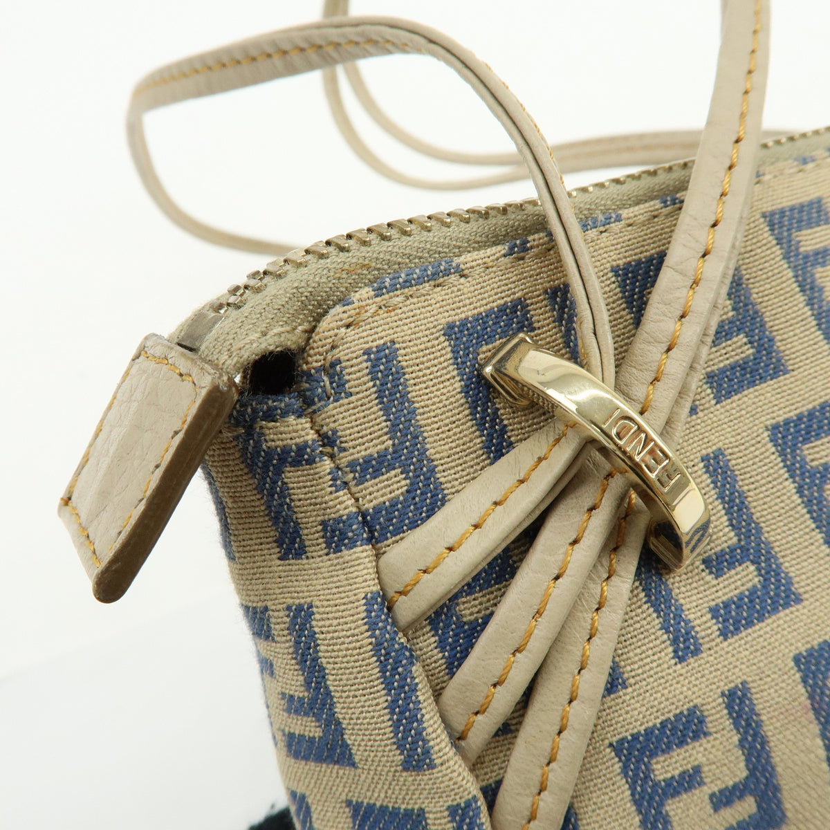 FENDI Zucchino Canvas Leather Mini Hand Bag Pouch Beige 8BR513