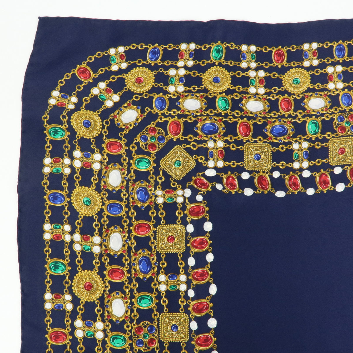 CHANEL Silk 100% Scarf Bijou Chain Print Navy Gold