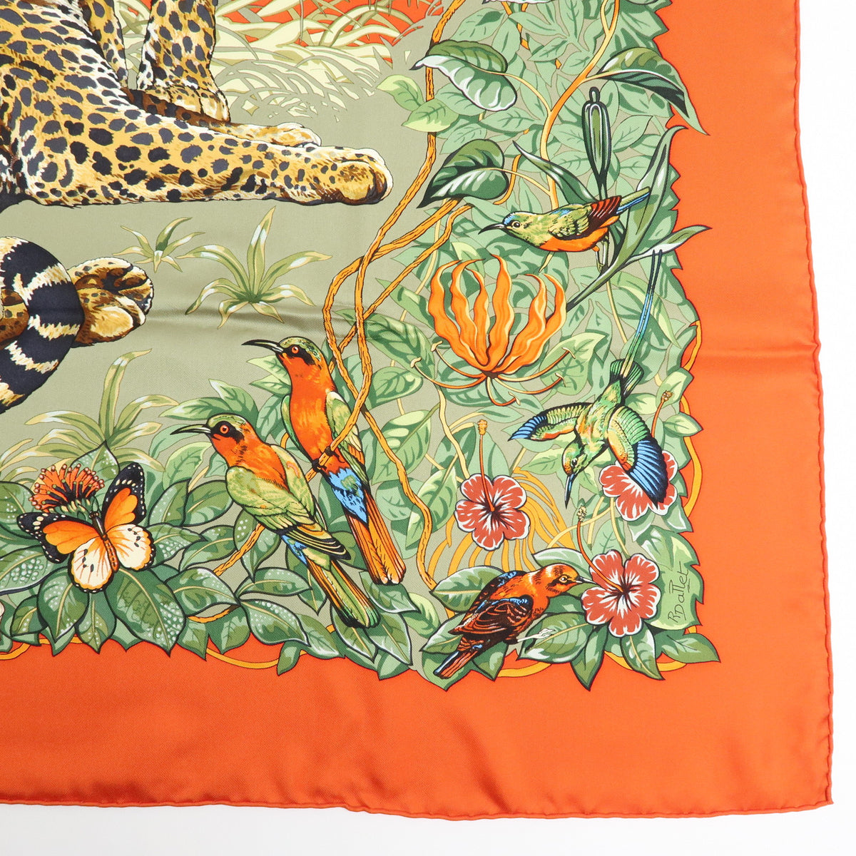 HERMES Carre 90 Silk 100% Scarf JUNGLE LOVE Red Green Ivory