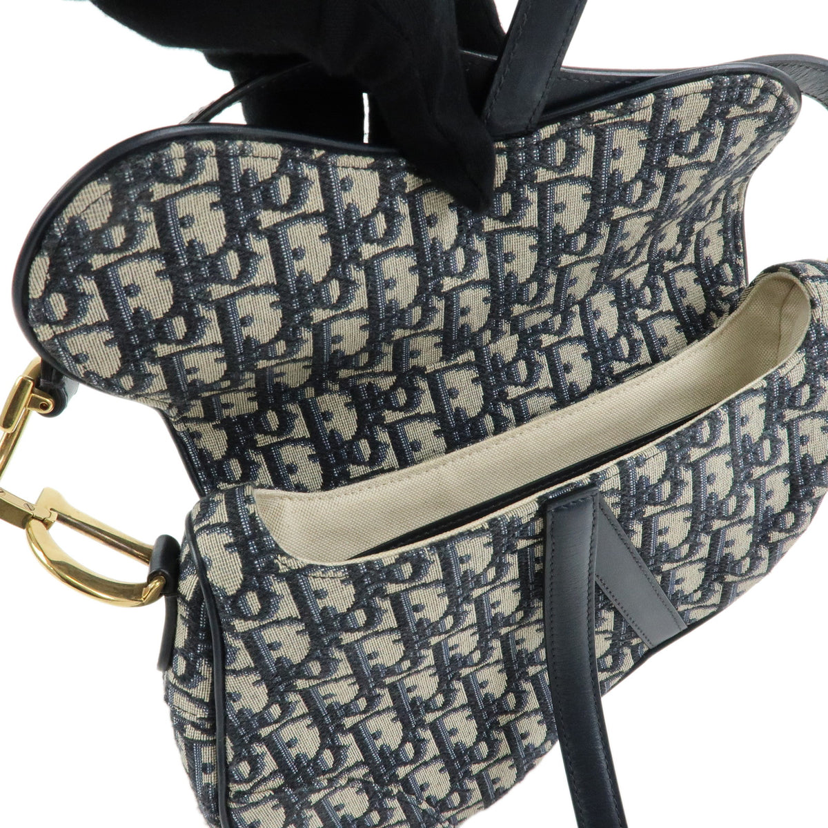 Christian Dior Saddle Oblique Jaquard Canvas Leather Shoulder Bag Navy