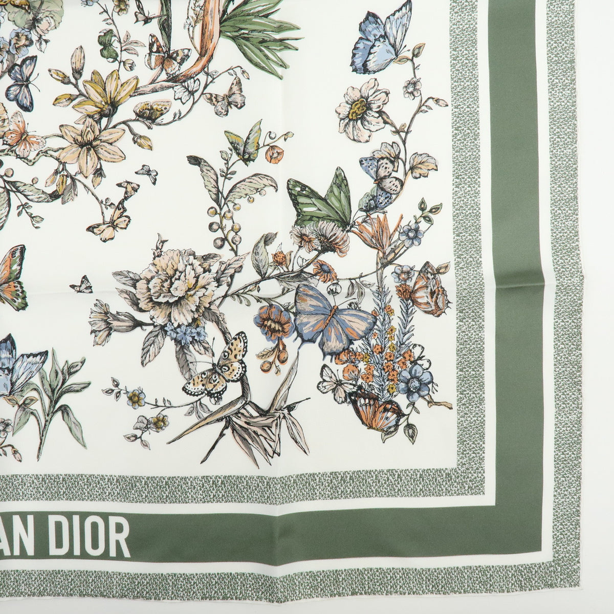 Christian Dior Silk 100% Butterfly Flower Motif Scarf Shawl Sage Green