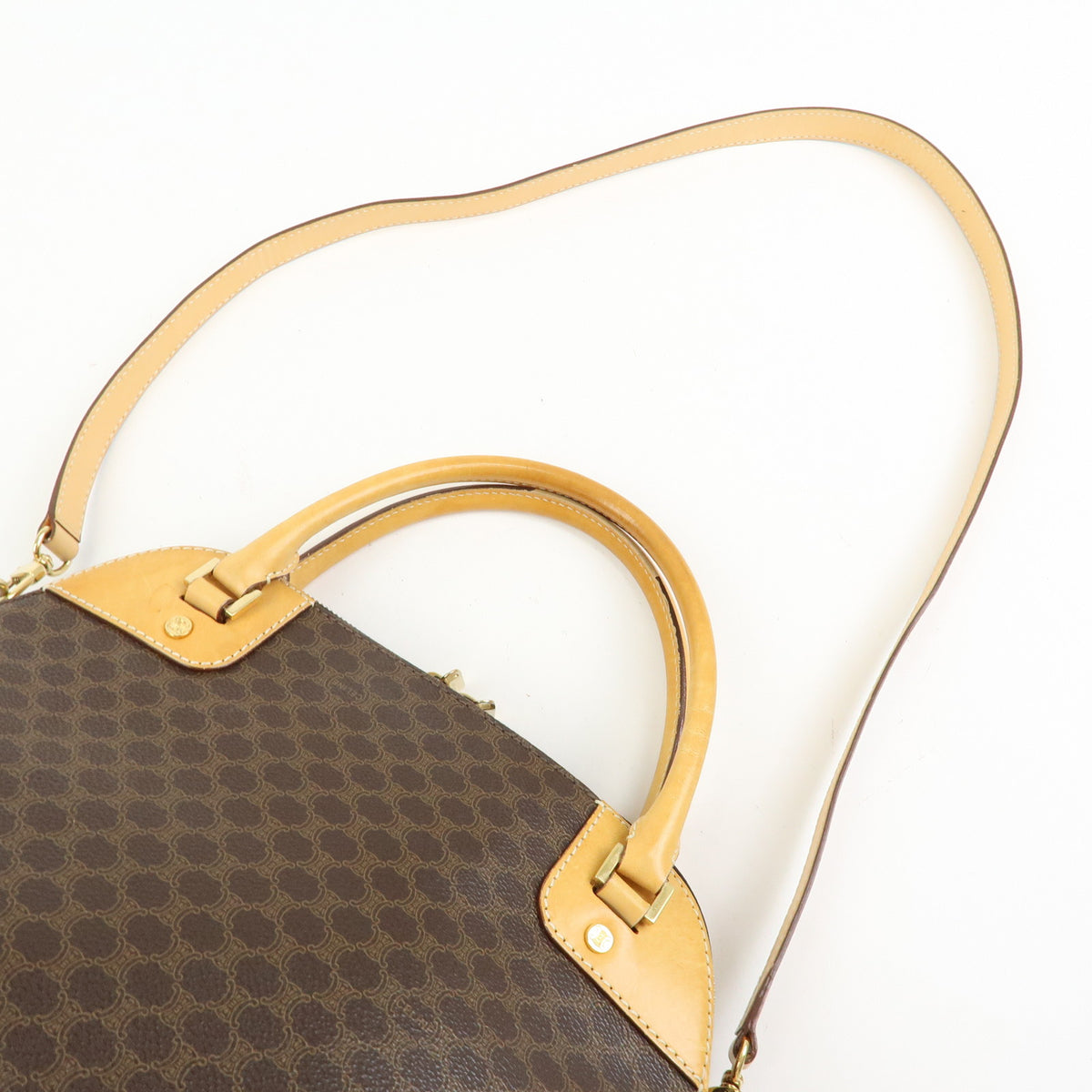 CELINE Macadam PVC Leather 2Way Bag Hand Bag Shoulder Bag Brown Beige