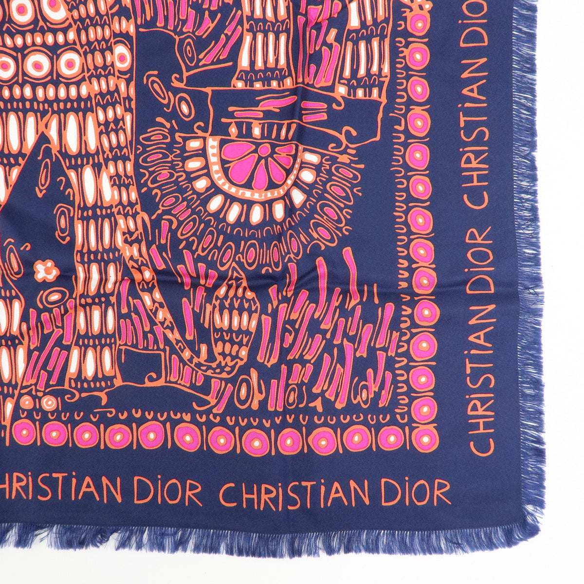 Christian Dior Silk 100% Lion Geometric pattern Scarf Navy
