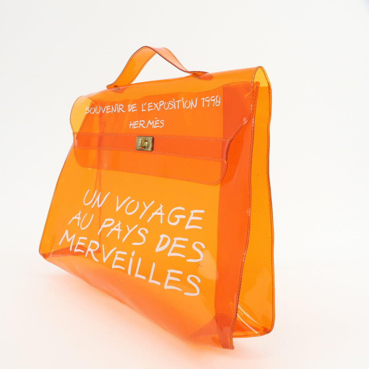 HERMES Kelly Vinyl Turn-Lock Hand Bag Clear Orange