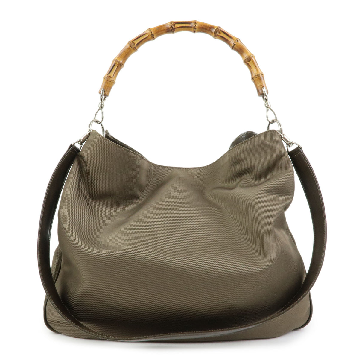 GUCCI Bamboo Nylon Leather 2Way Bag Hand Bag Khaki 001・2123・1577